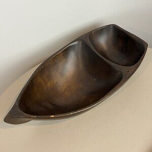 David Auld Large Organic Boat Shaped Wood Bowl Dark Wood Grain Vtg MCM 1960s-70s